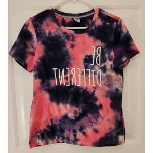 Y Womens S Tie Dye Pink and Gray Be Different Tee. Written backwards.